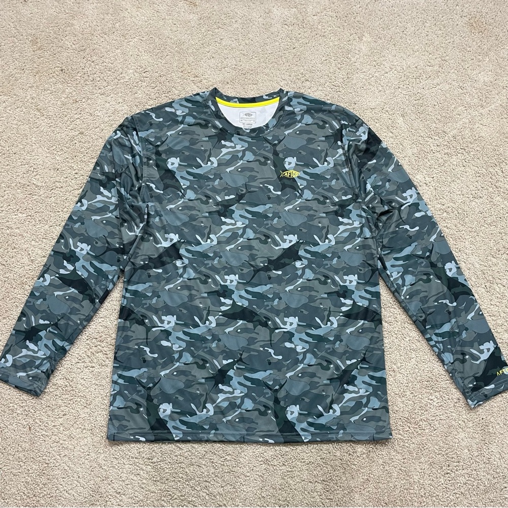 Big Men's AFTCO Blue & Gray Camouflage STRETCH Long Sleeve FISHING SHIRT XXL